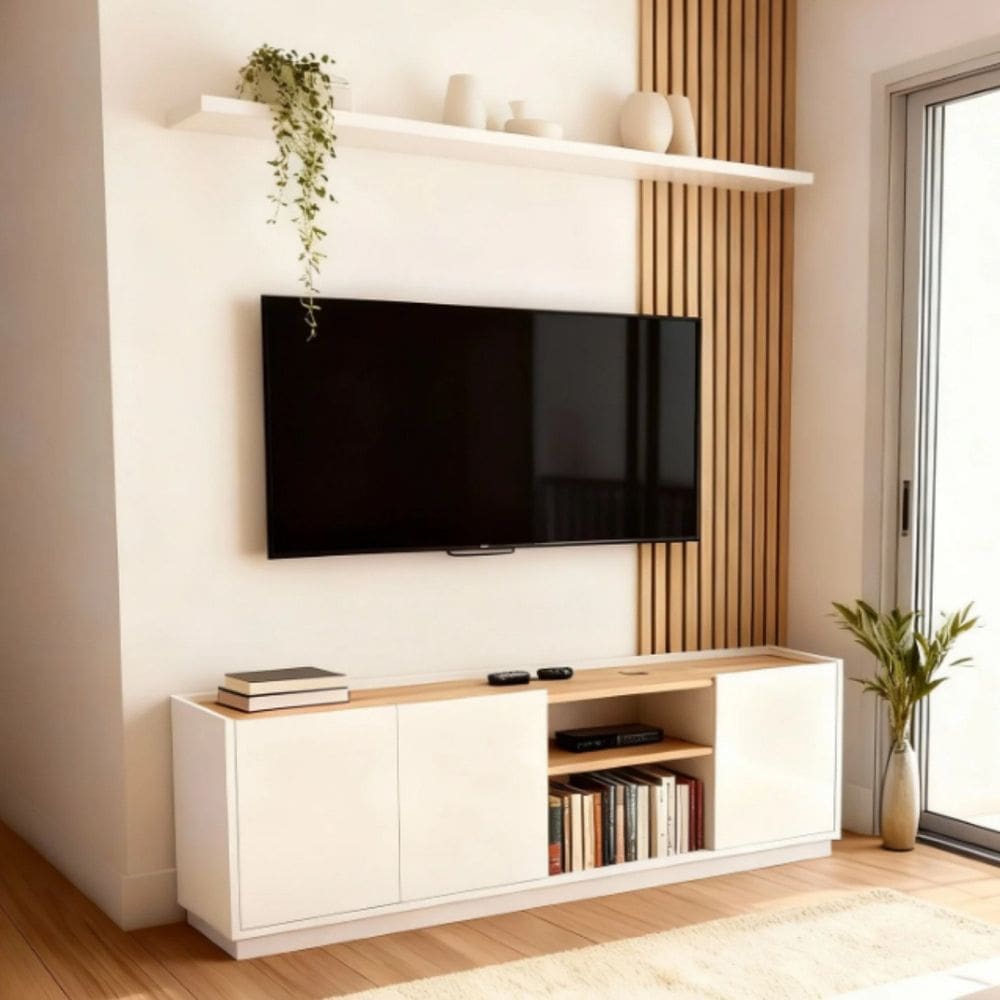 Rack Home para Tv 55 Polegadas Sala Moderna branco e amadeirado