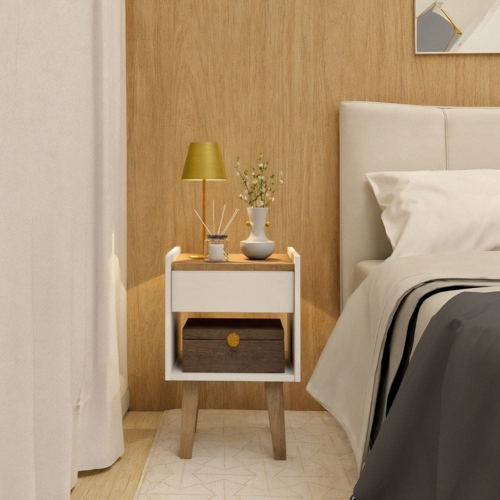 Mesinha de Cabeceira Design Moderno Quarto branco e amadeirado