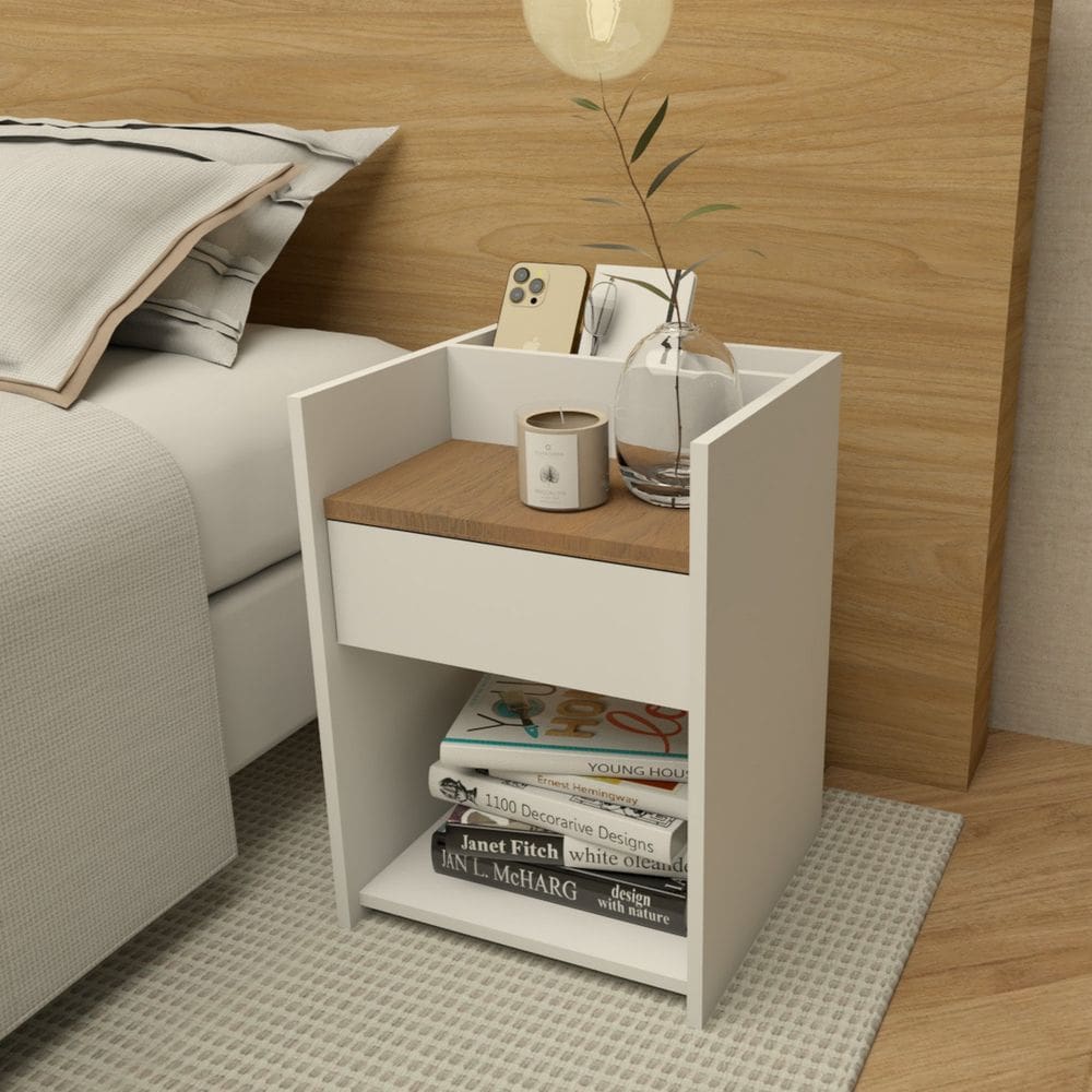 Mesa de Cabeceira Moderna para Quarto Funcional Organizador branco e amadeirado