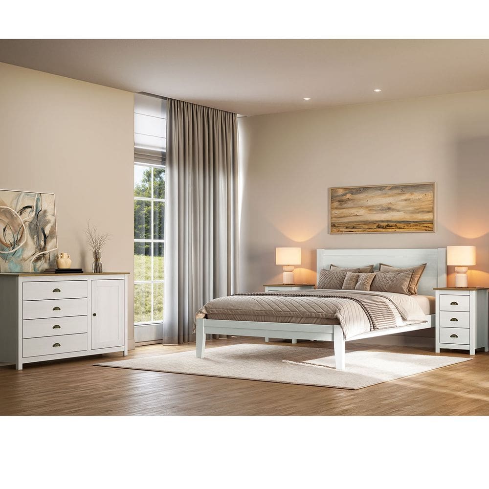 Conjunto Quarto Branco Topázio: Cama Queen, Cômoda Sapateira e 2 Mesas de Cabeceiras Madeira Pinus
