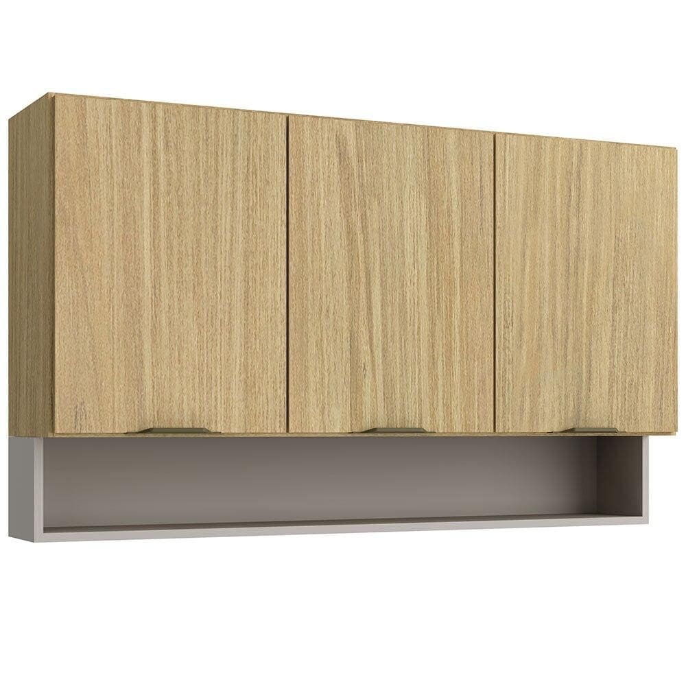 Armário Aéreo de Cozinha 3 Portas Casamia Ibiza MDF, Freijó e Cinza 120 cm