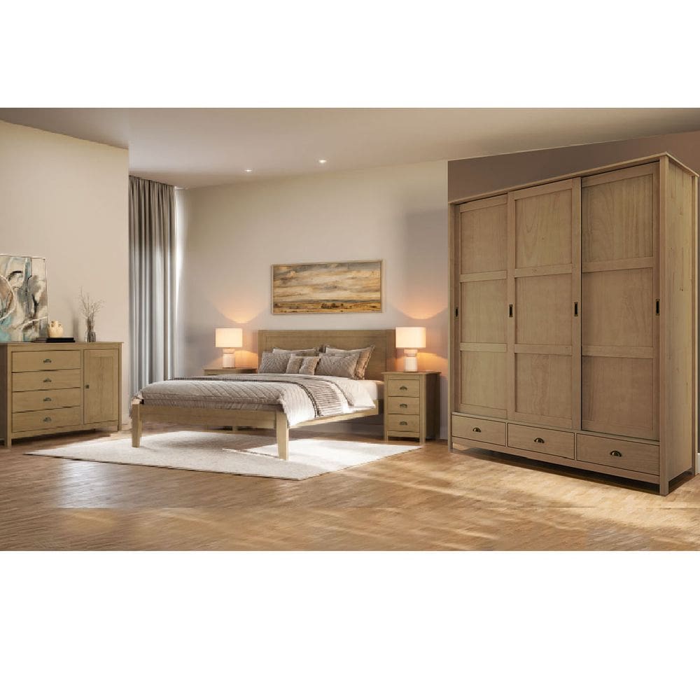 Conjunto Quarto Freijó Topázio: Guarda-Roupa 3 Portas Correr, Cômoda, Cama Queen e 2 Mesas de Cabeceiras