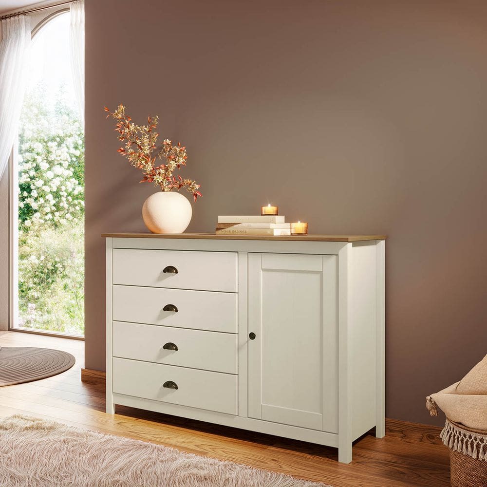 Cômoda Sapateira Topázio 4 Gavetas e 1 Porta Branco/Freijó Madeira Pinus - Finestra