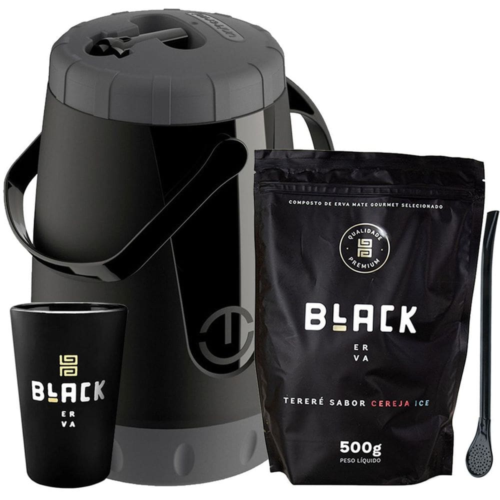 Kit Tereré Black Erva Garrafa Lisa Cuia E Erva Cereja Ice