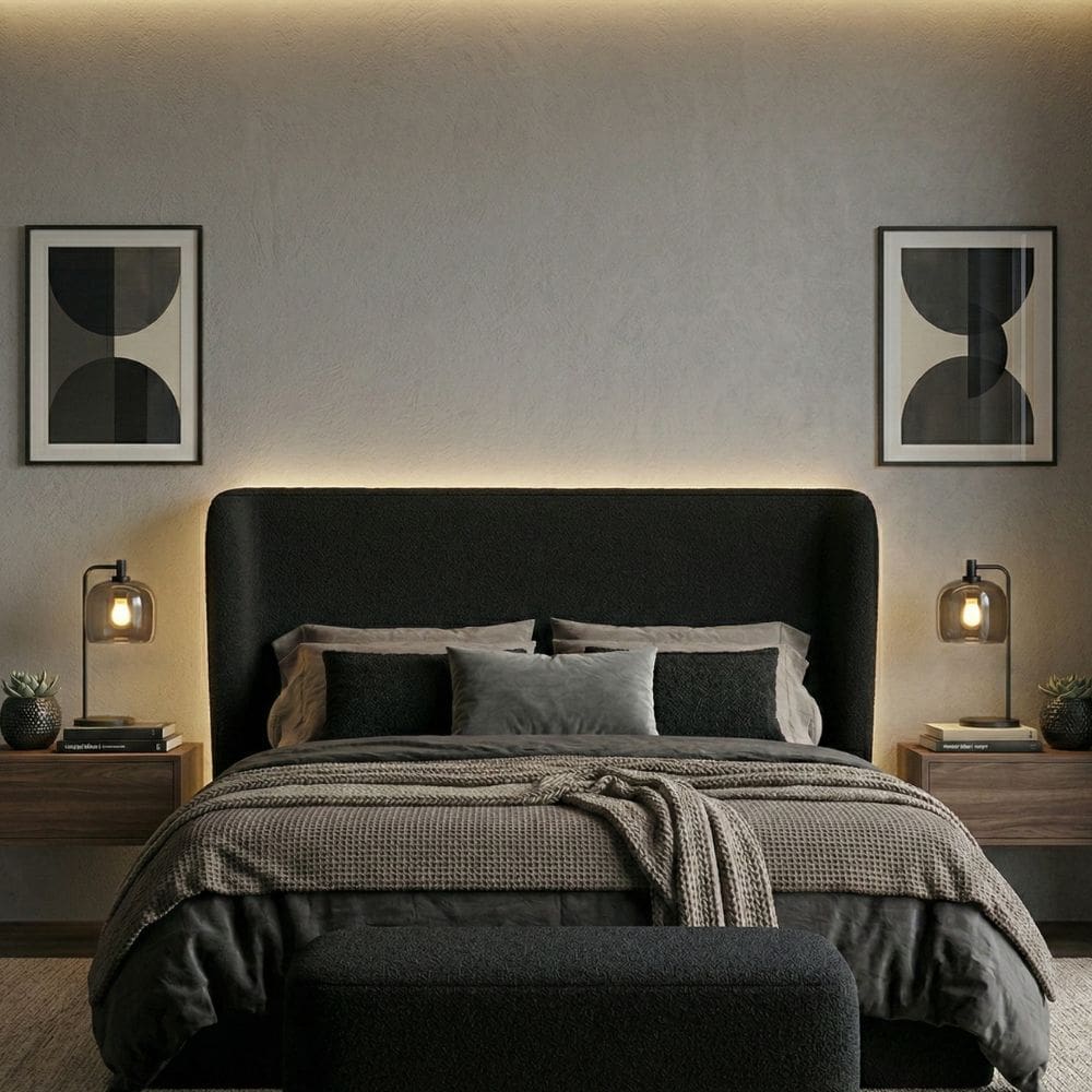 Cabeceira Cama Casal King Size Livia 195cm Orgânica Curva Bouclê Preto - Montanari`s Decor