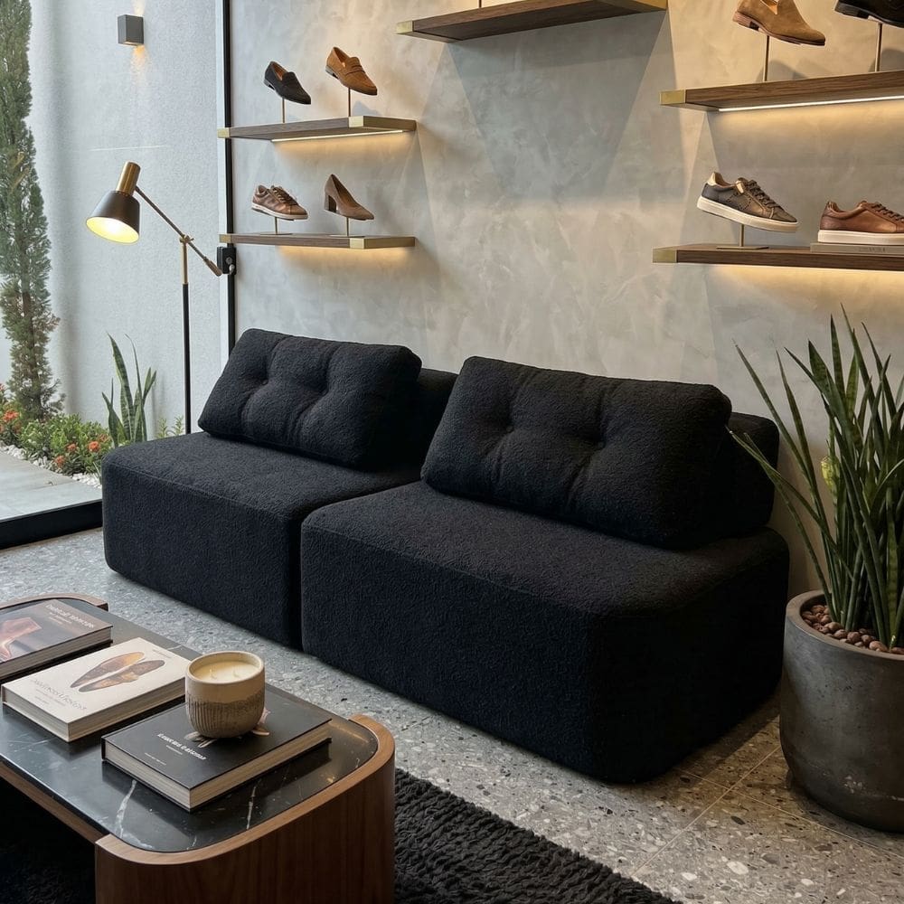 Sofá Modular Cielo 240cm Recepção Loja Sala de Estar Bouclê Preto - Montanari`s Decor