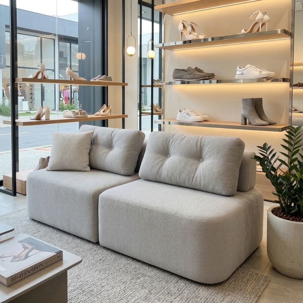 Sofá Modular Cielo 240cm Recepção Loja Sala de Estar Bouclê Cinza Claro - Montanari`s Decor