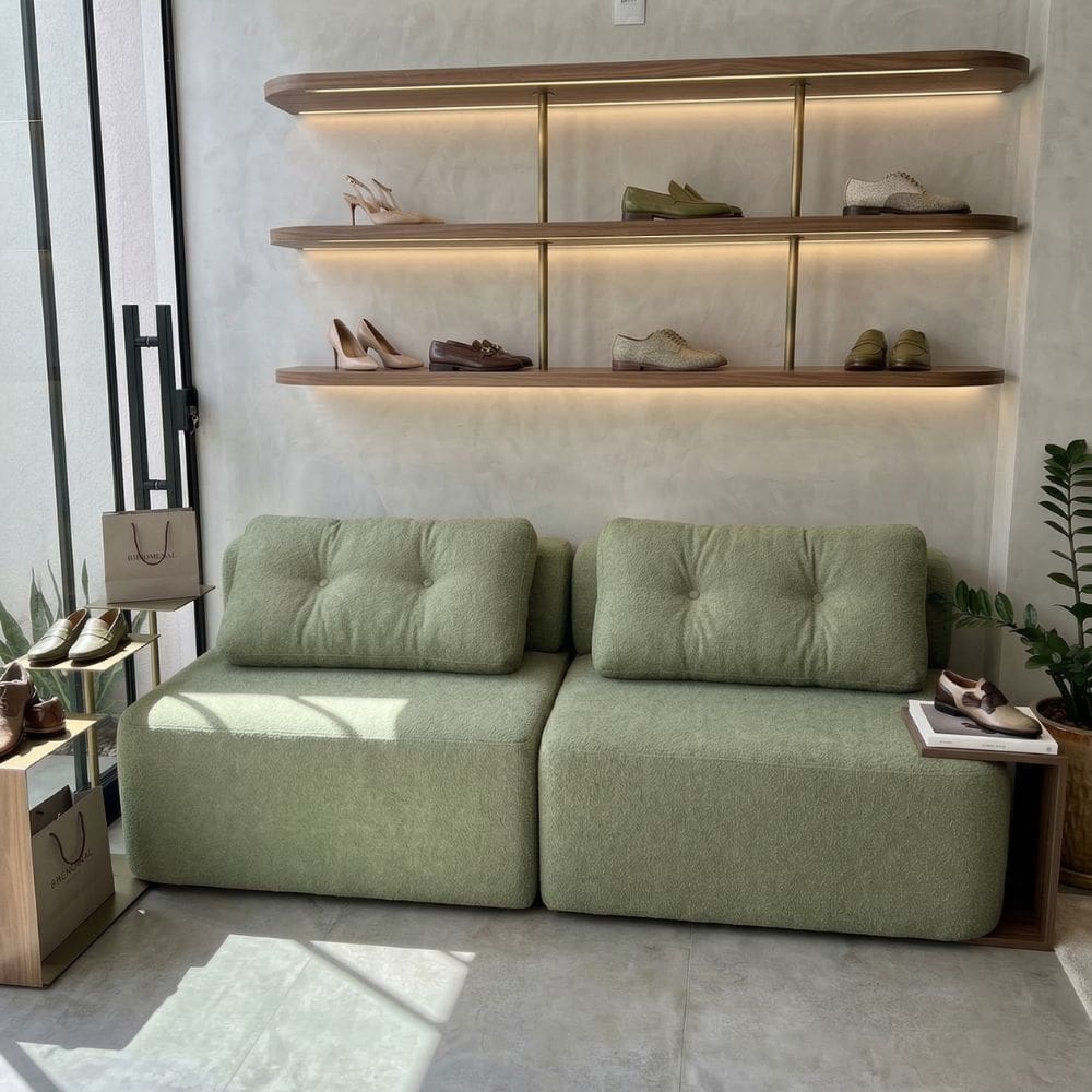 Sofá Modular Cielo 240cm Recepção Loja Sala de Estar Bouclê Verde - Montanari`s Decor