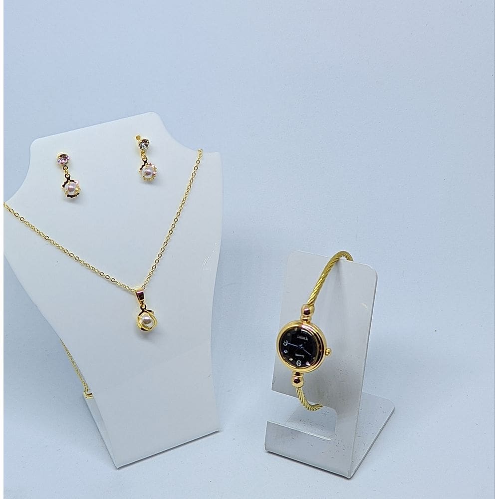 Kit Relógio Feminino Bracelete aço Inox Quartzo Ajustável Luxo + Conjunto Colar e Brincos Folheado antialérgico Dourado