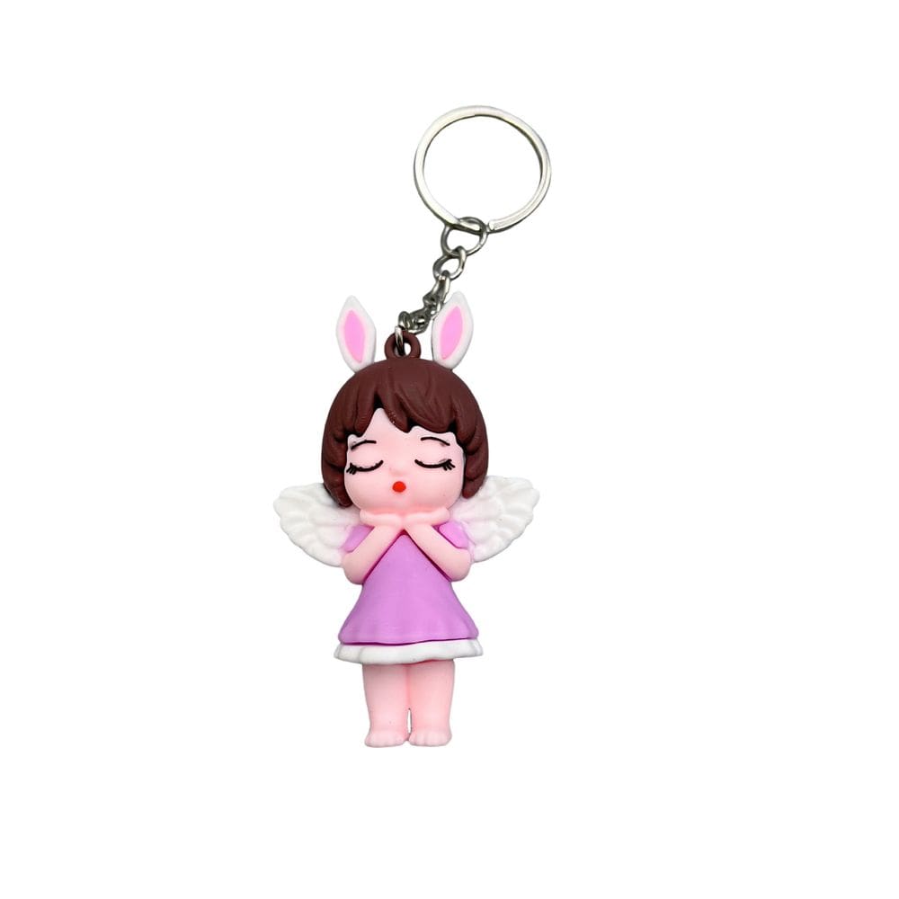 Chaveiro Cute Angel Girl com orelhas de coelho, chaveiro de borracha macia