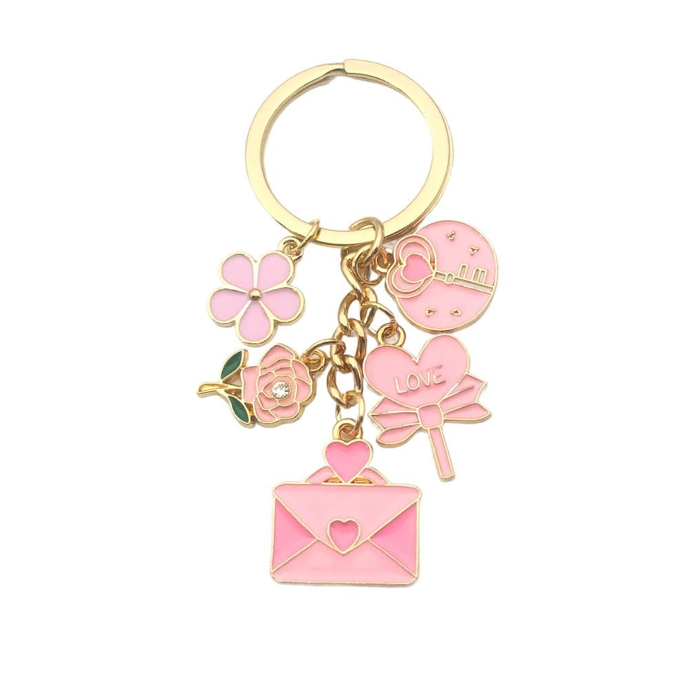 Conjunto de chaveiros Pink Love Heart com rosas e pirulitos