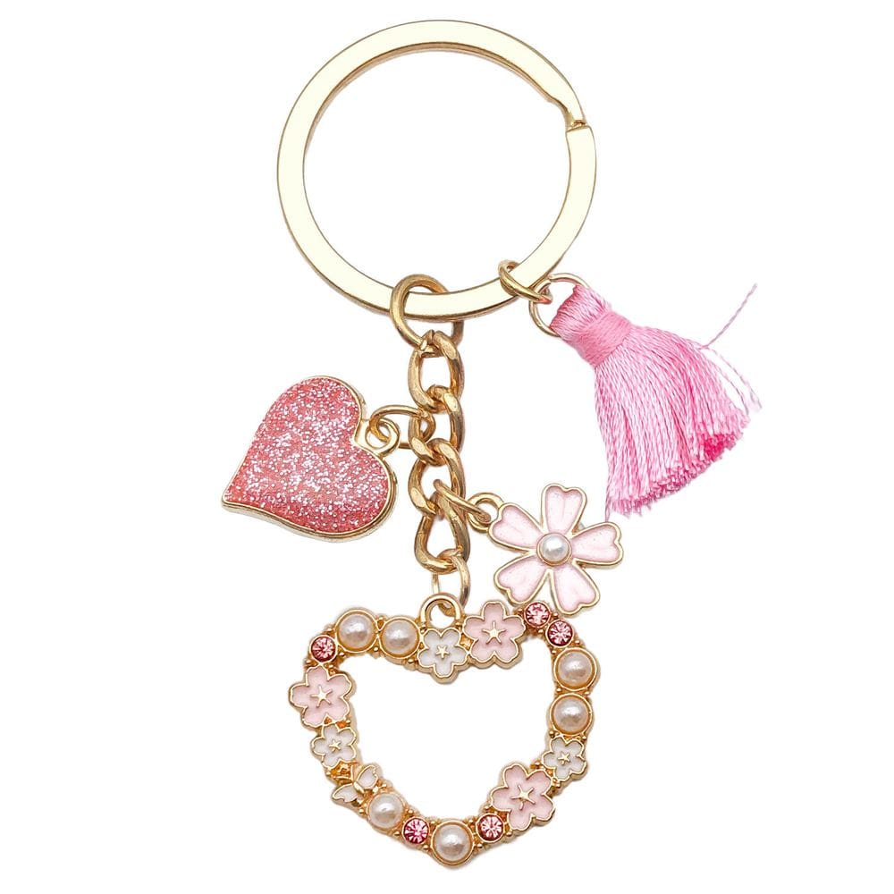 Chaveiro Pink Heart Tassel com pérolas e diamantes