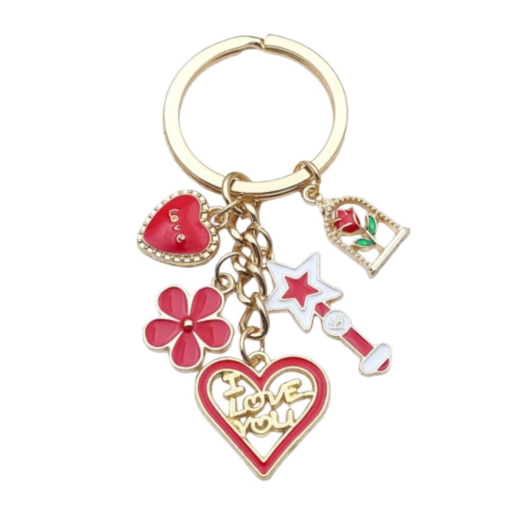 Chaveiro, coração de amor vermelho e pingente de flor I Love You