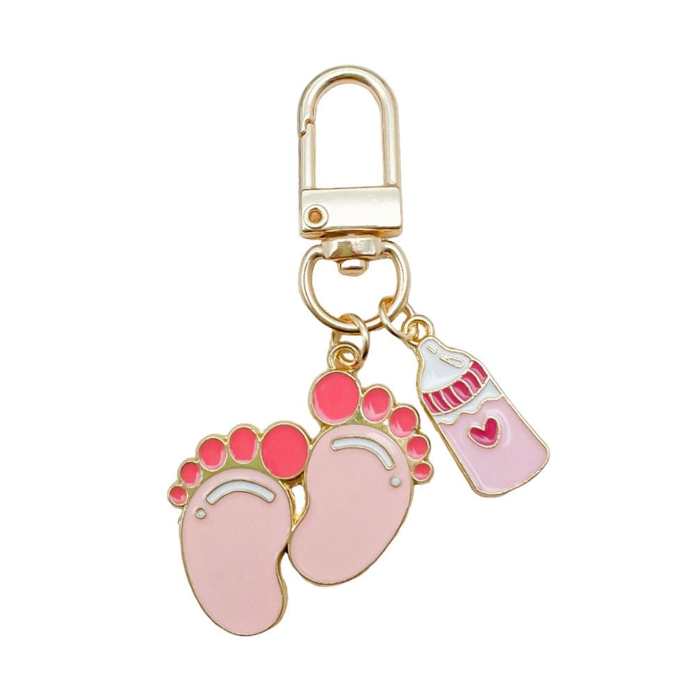 Chaveiro Baby Footprint e garrafa de metal rosa e esmalte