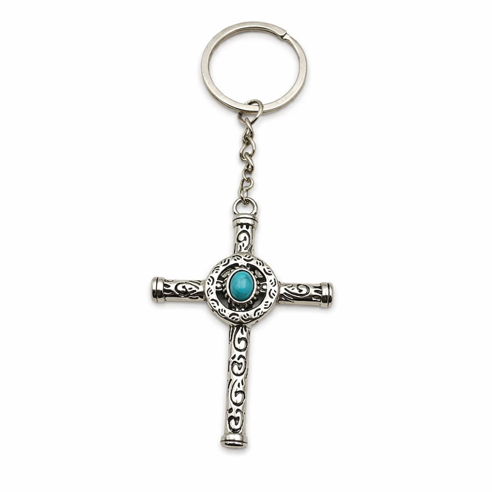 Chaveiro vintage com pingente de cruz turquesa