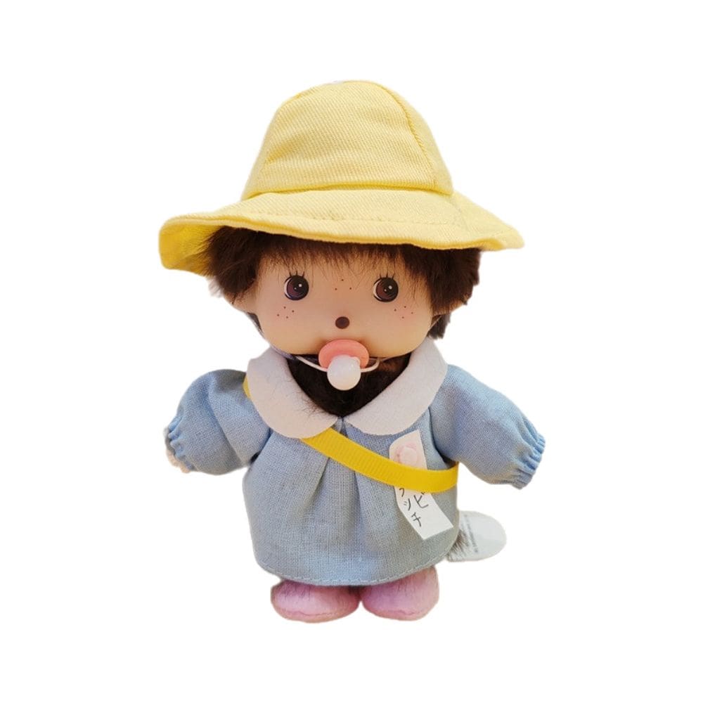 Chaveiro de boneca de pelúcia Monchhichi 15 cm com chapéu amarelo