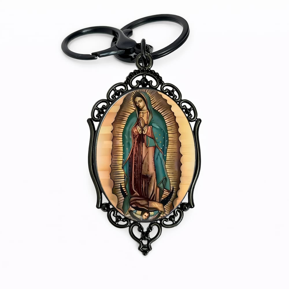 Chaveiro com pingente de pedra preciosa da Virgem Maria banhado a prata