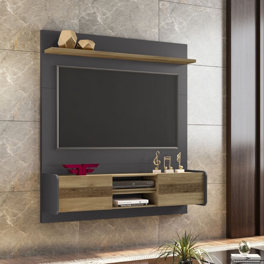 Painel Home Suspenso Lord para TV até 55 Polegadas Grafite Nature Liberty Móveis 136cm 2 Portas