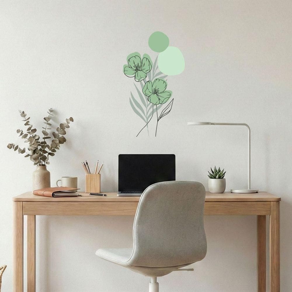 Adesivo Floral Boho Verde Estilo Nórdico 35x60 Minimalista Abstrato