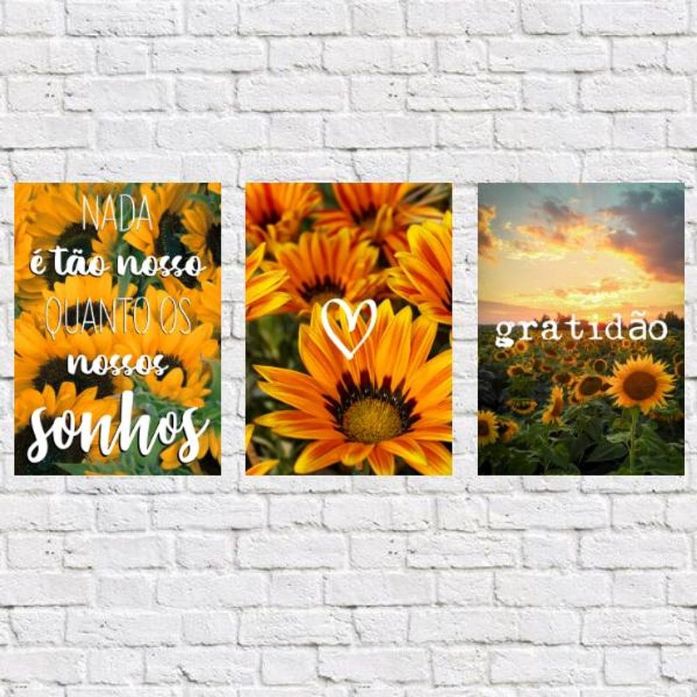 Kit 3 Placas Decorativas Girassol 18x27cm