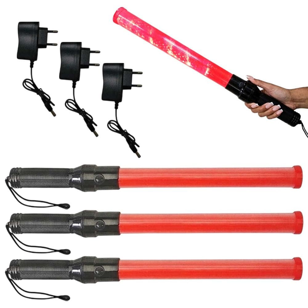 Bastao Sinalizador Viario Kit 3 Recarregavel LED Transito Rua Manobrista Frentista Flanelinha Obra