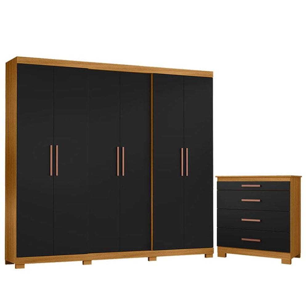 Cômoda 4 Gavetas New e Guarda Roupa Casal San Diego Carvalho Americano Preto - Incorplac
