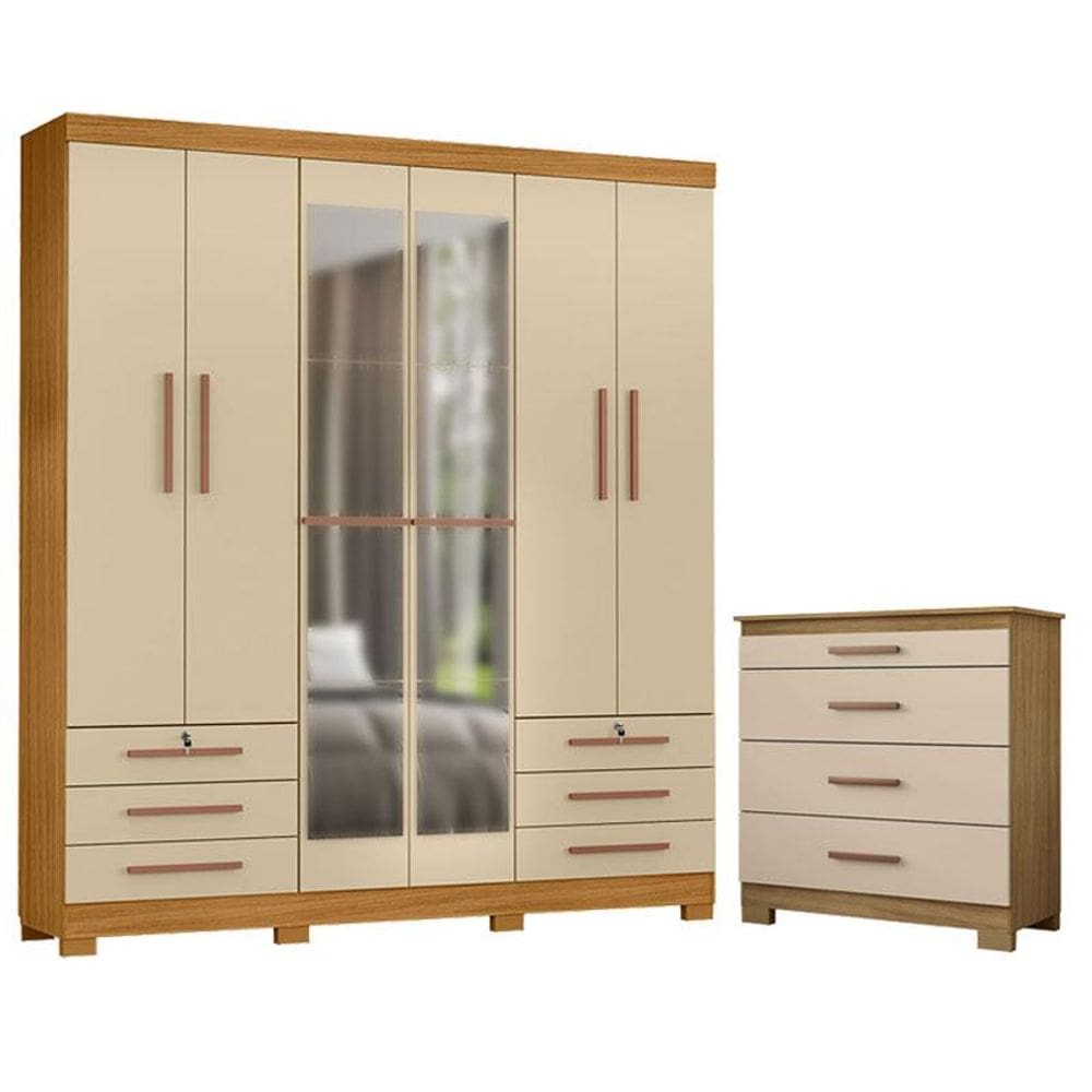 Cômoda 4 Gavetas New e Guarda Roupa Casal Londres com Espelho Carvalho Americano Off White - Incorplac