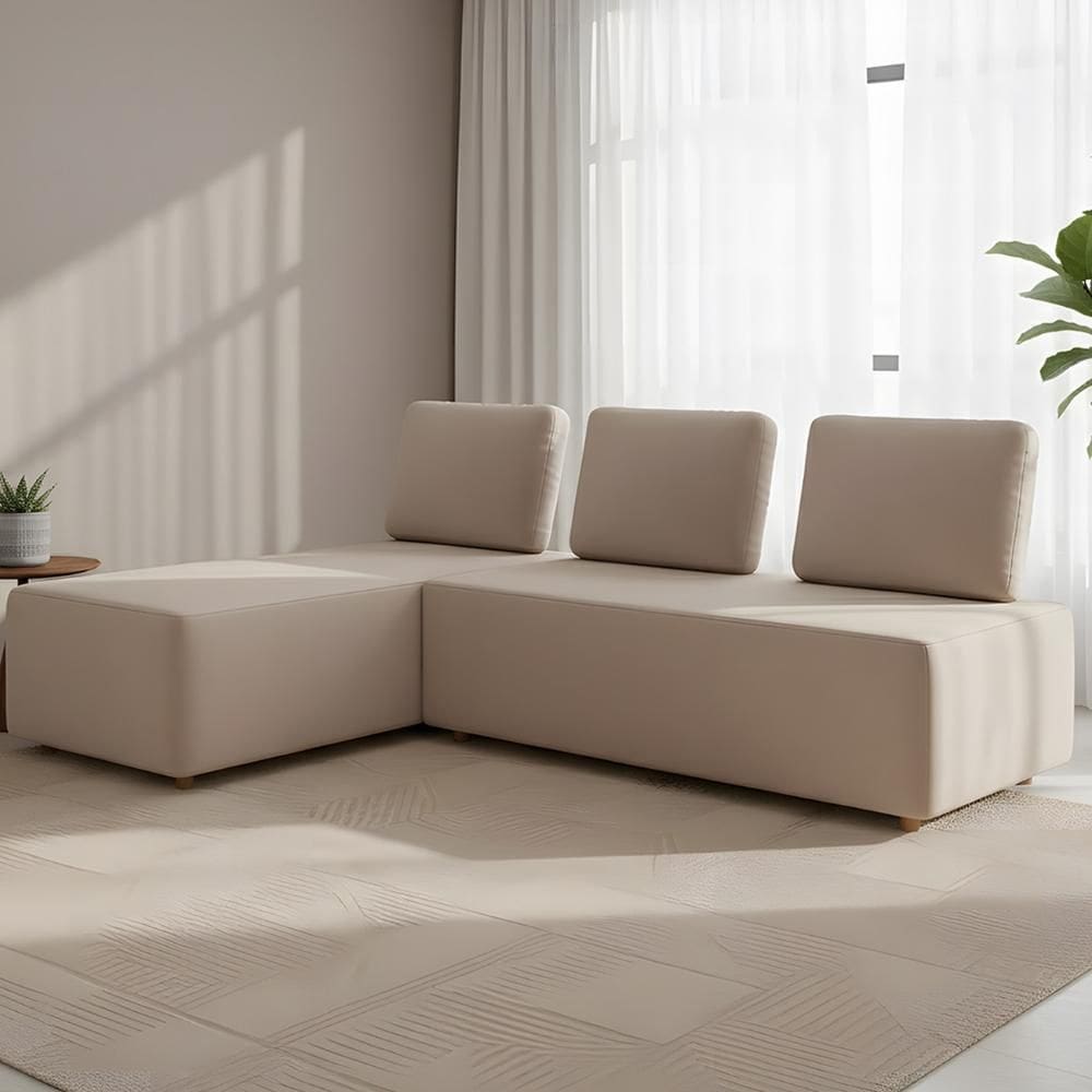 Sofá 3 Lugares com Chaise 222cm Rovier Veludo Bege Z32      - Mpozenato
