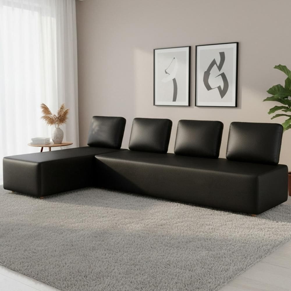 Sofá 4 Lugares com Chaise 296cm Rovier Sintético Preto Z32 - Mpozenato