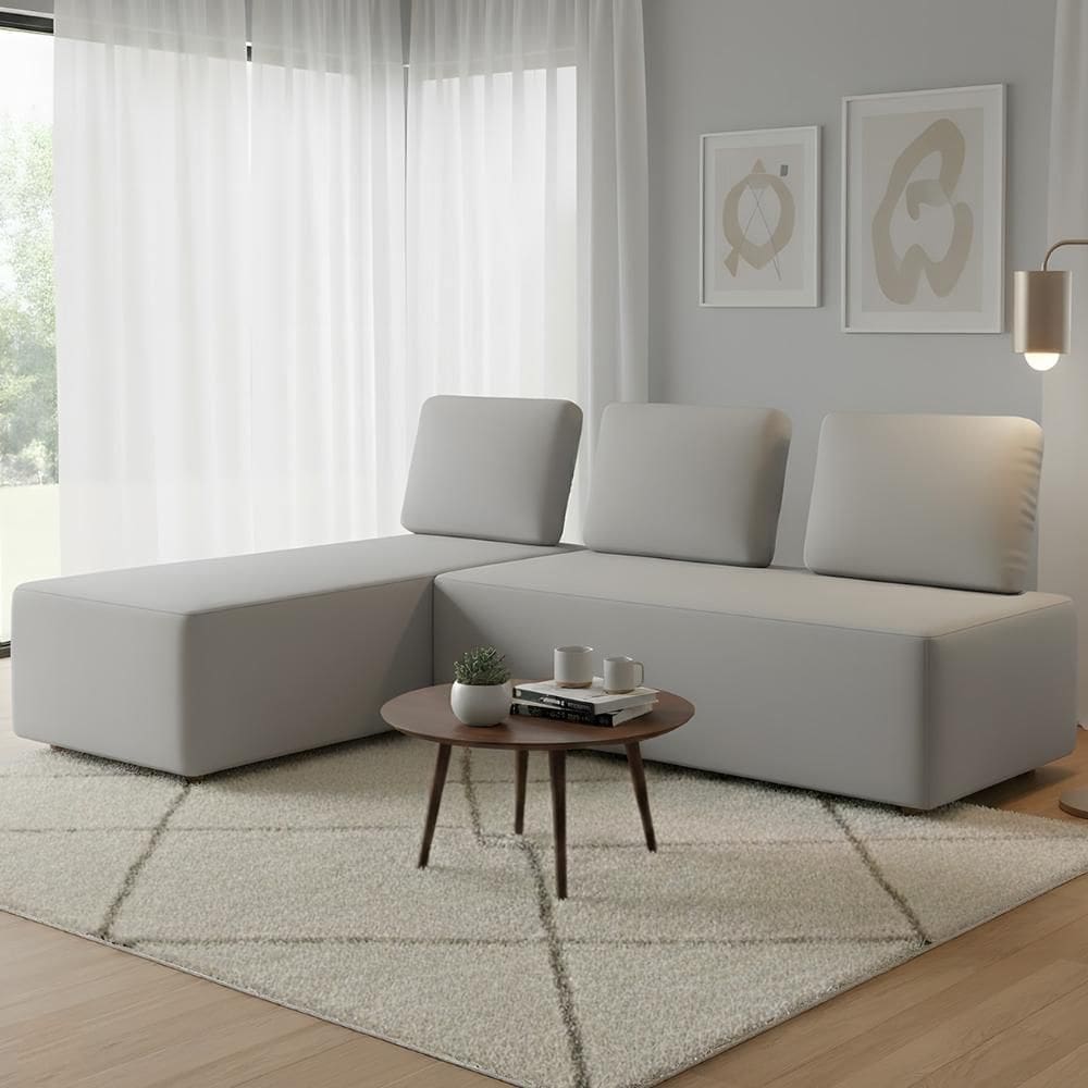 Sofá 3 Lugares com Chaise 222cm Rovier Veludo Cinza Z32       - Mpozenato