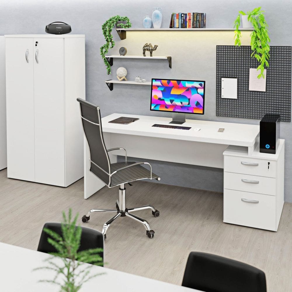 Conjunto Mesa Pedestal e Armário Alto para Escritório Branco Branco