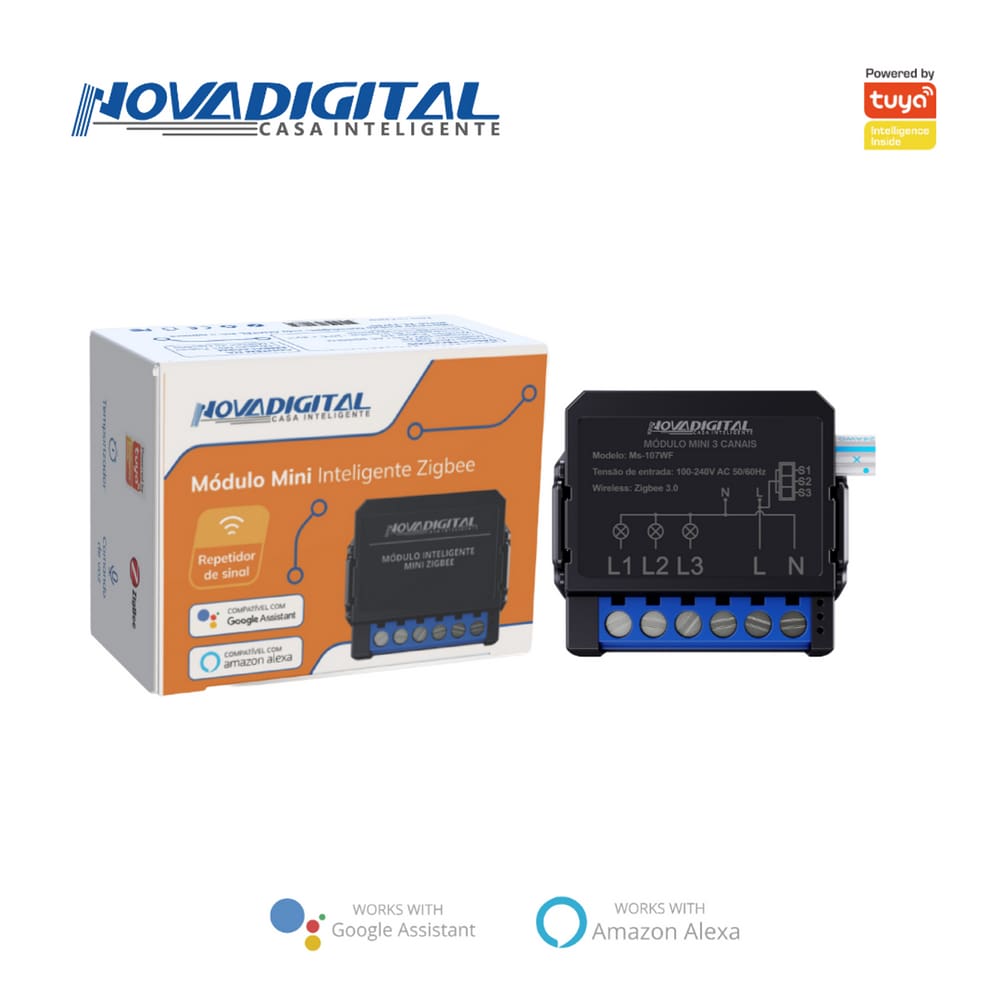 Interruptor mini relé Inteligente Zigbee 3 Canais Tuya Smart Life Alexa Smart Switch NovaDigital