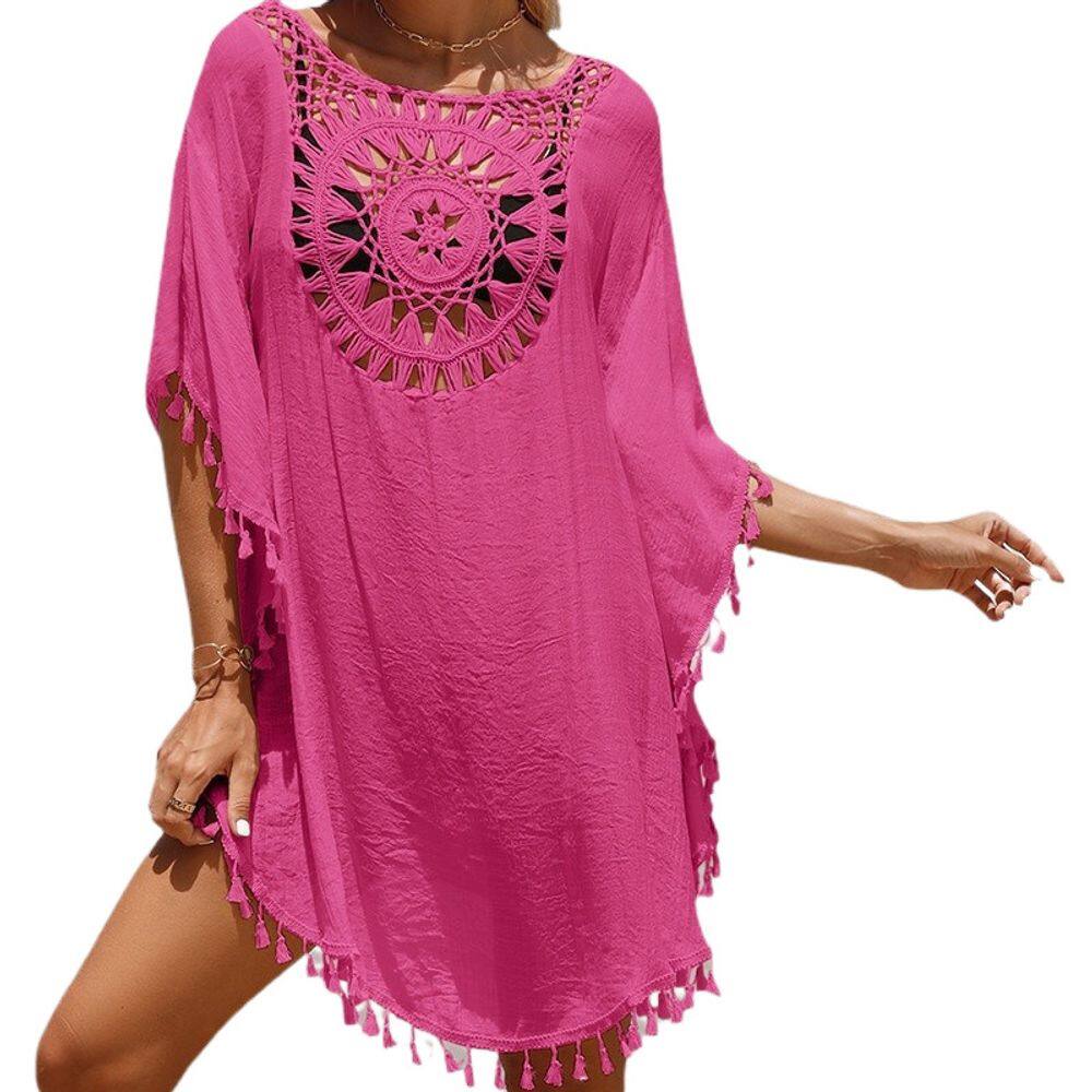 Cardigã Beach Cover Up Boho Crochet Patchwork Rosa