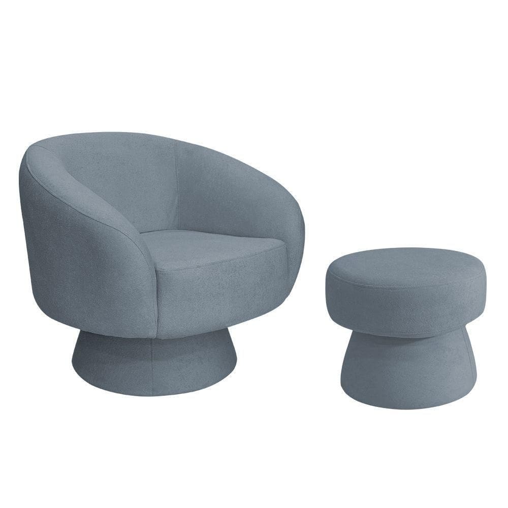 Poltrona Decorativa Giratória Com Puff Liz Bouclé Azul Claro - Nexta Casa
