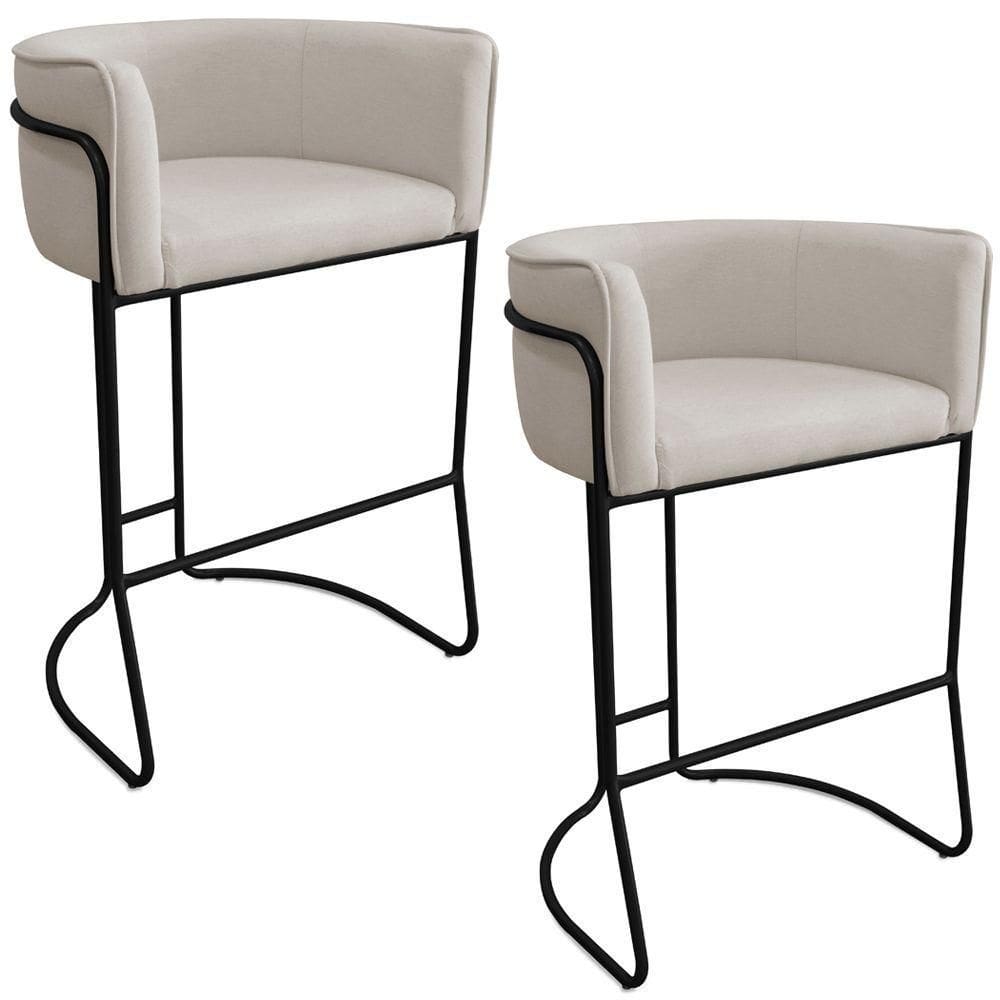 Kit 02 Banquetas Alta Com Encosto Betina Base Preto Poliéster Off White - Nexta Casa