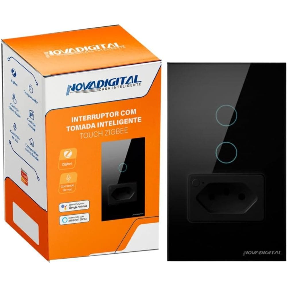 Interruptor Inteligente Zigbee 2 Botões 1 Tomada 20A Alexa Smart Life NovaDigital PRETO ZIT-WK-02-B