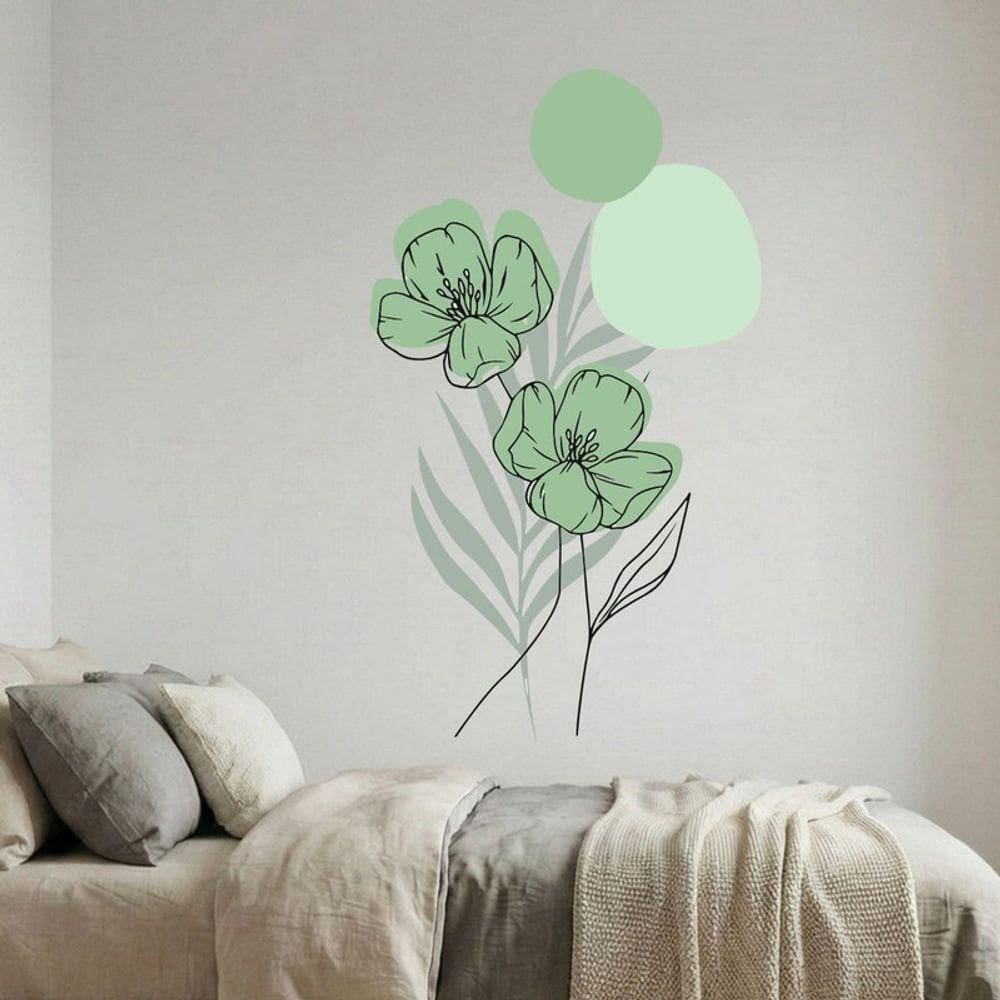 Adesivo Floral Boho Verde Estilo Nórdico 88x150 Minimalista Abstrato