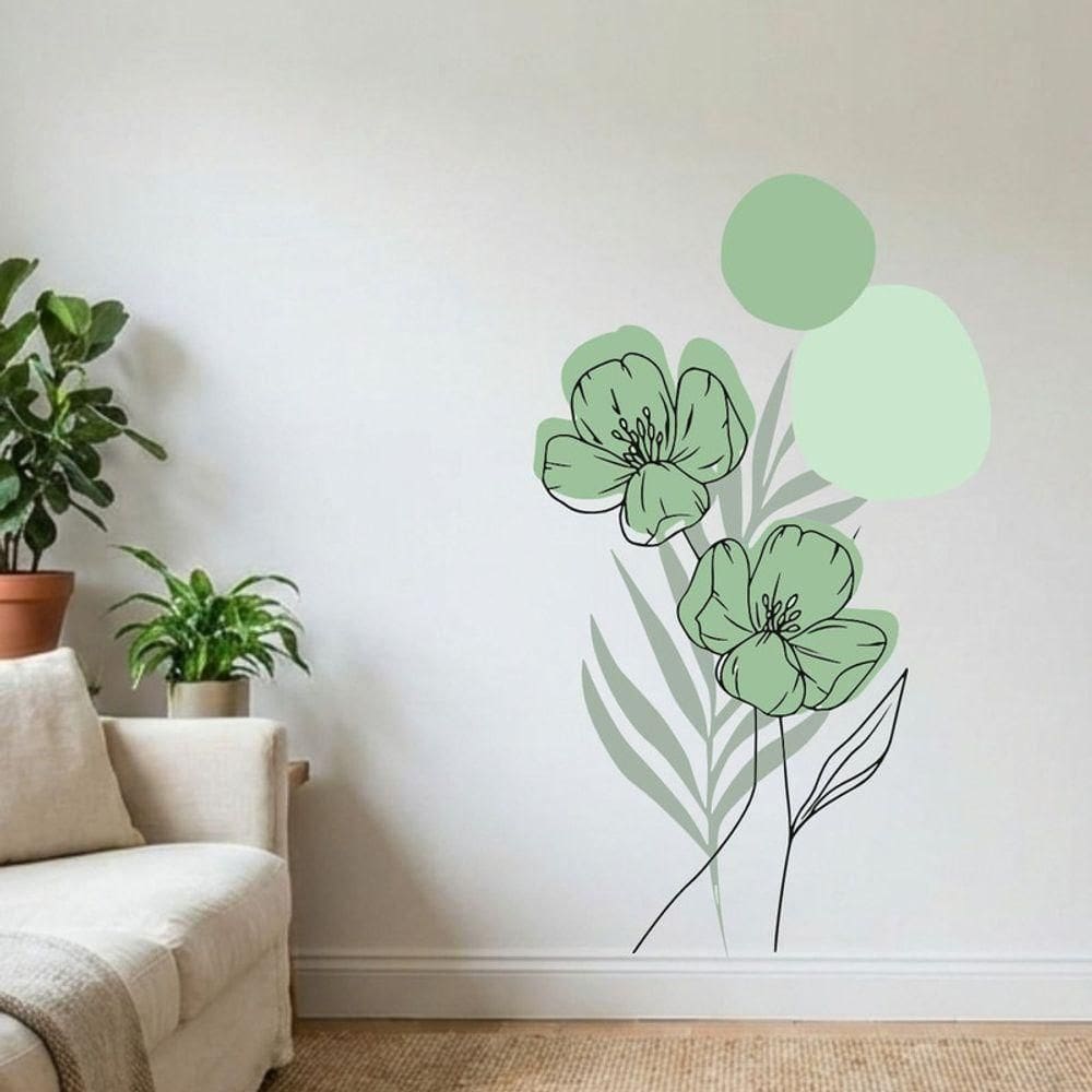 Adesivo Floral Boho Verde Estilo Nórdico 70x120 Minimalista Abstrato