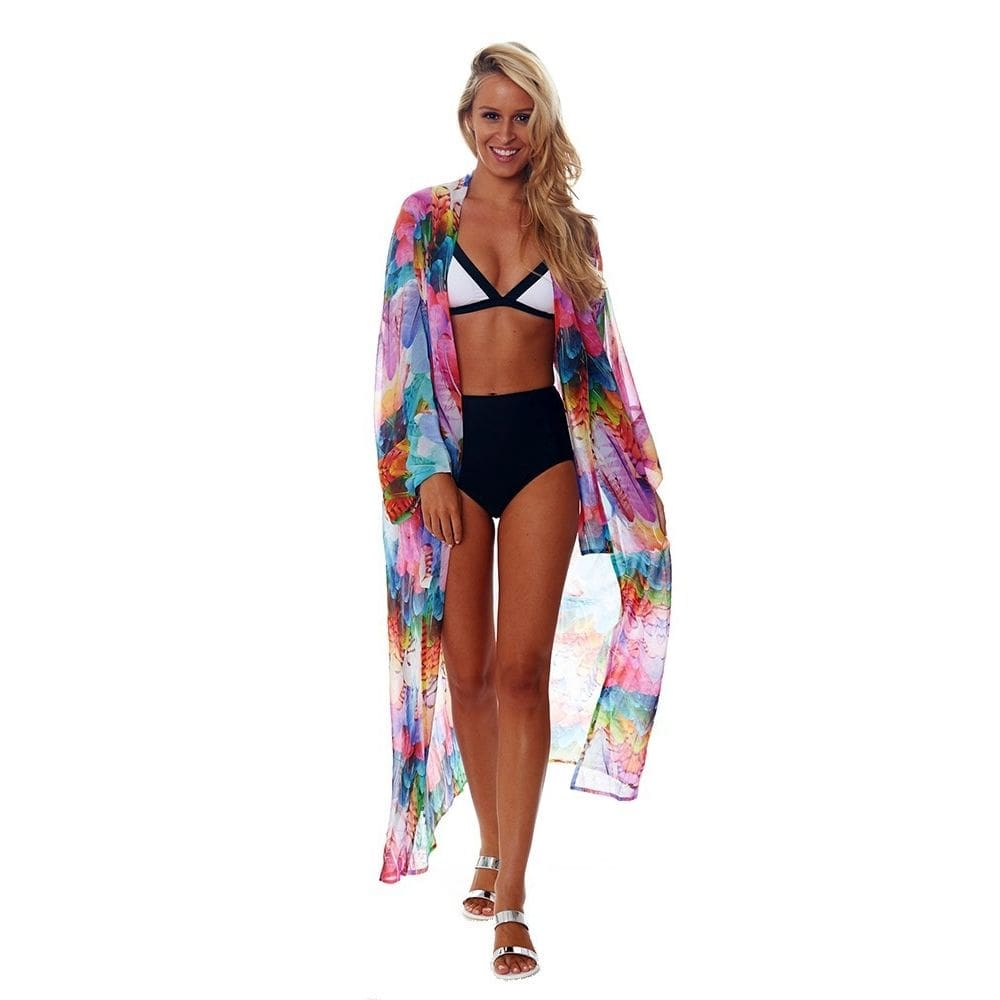 Cardigã com capa de praia, estampa de penas colorida, solta