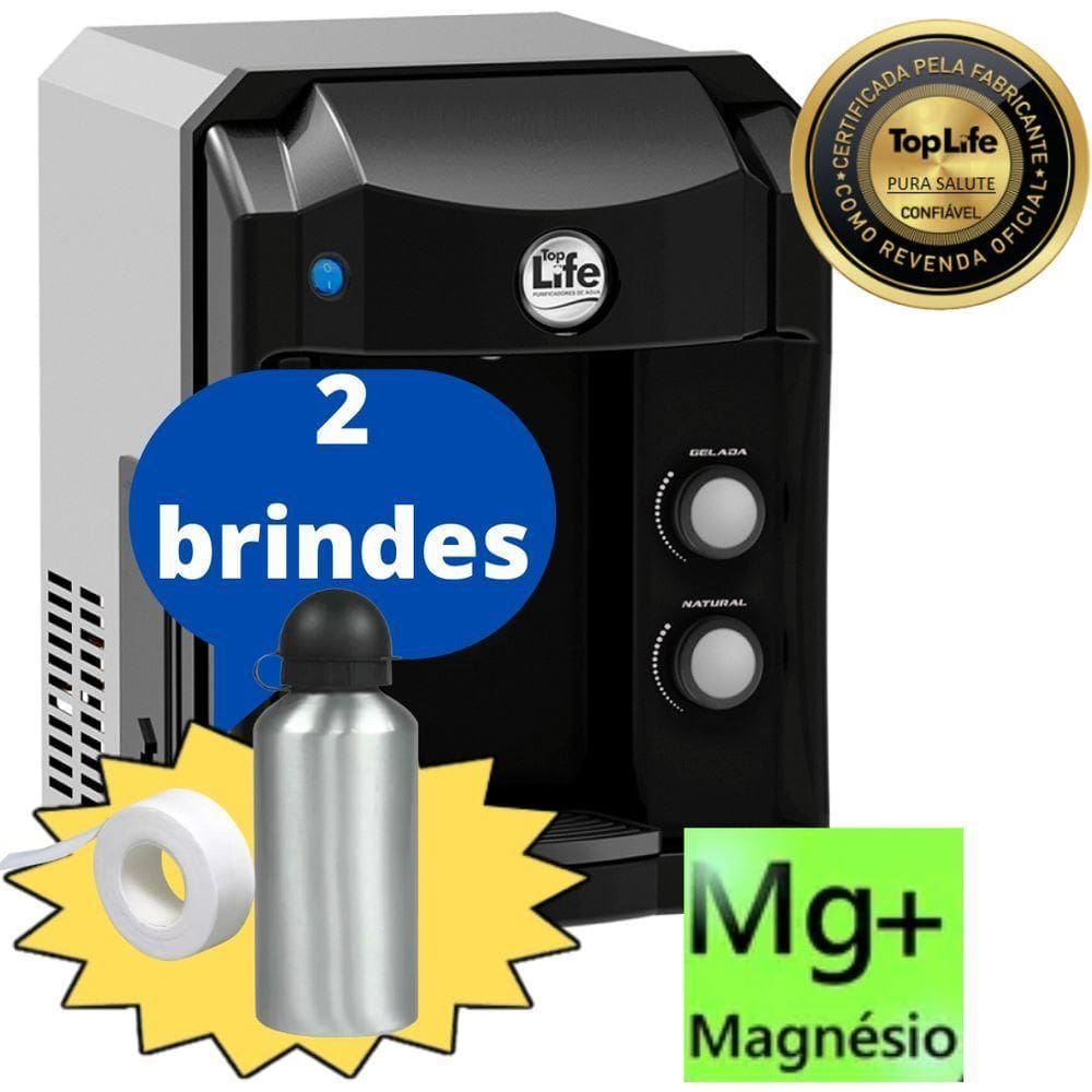 Purificador água Gelada E Natural Alcalina Ozônio C- Magnésio Mg+ - Top Life Preto 220V