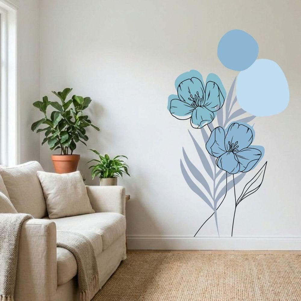 Adesivo Floral Boho Azul Estilo Nórdico 88x150 Minimalista Abstrato