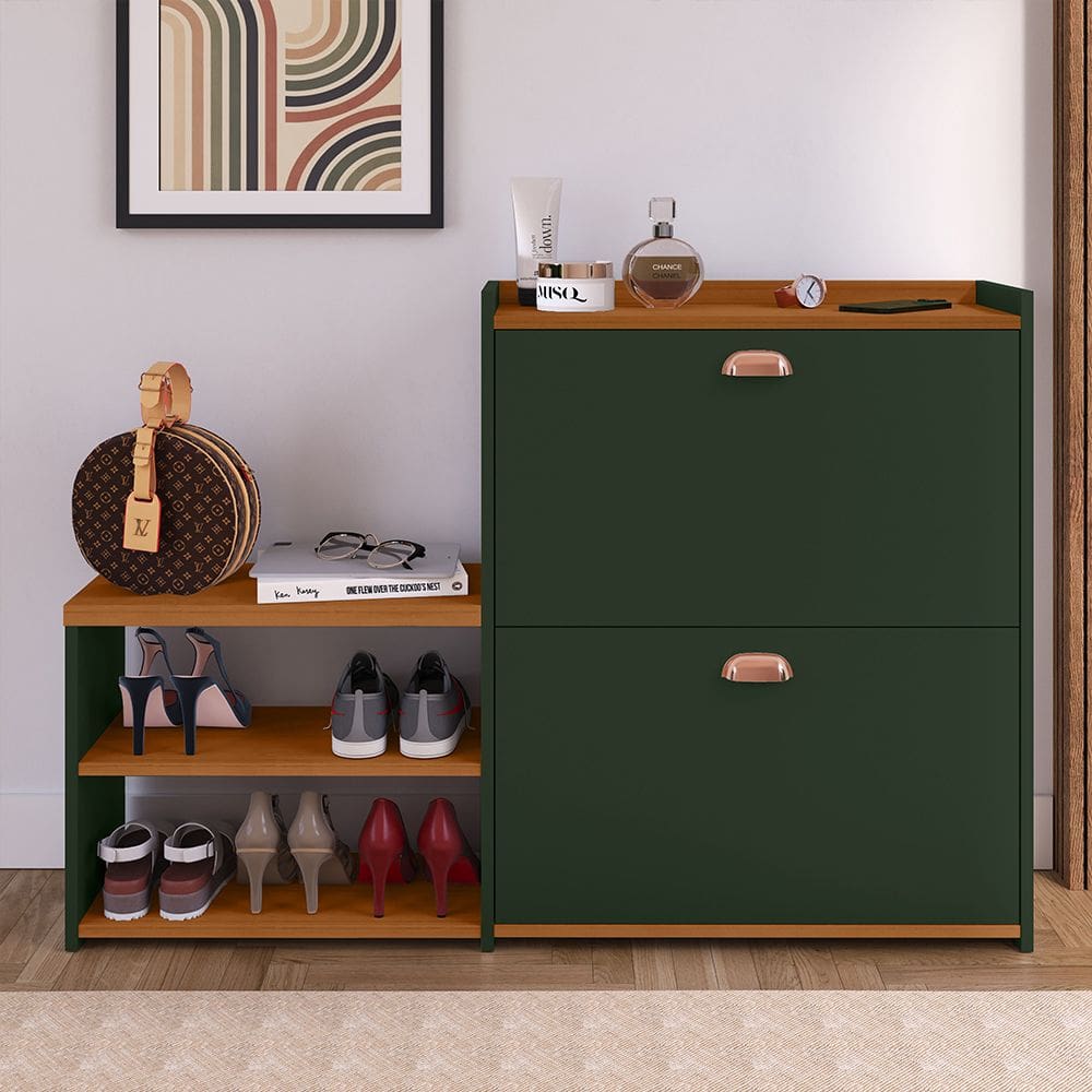 Sapateira Vertical Milano 2 Gavetas Basculantes Prateleira Porta Calçados Banquinho Hall Entrada Canto Quarto Retrô - Verde/Cedro - RPM