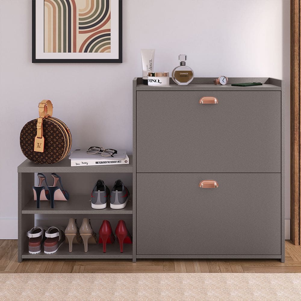 Sapateira Vertical Milano 2 Gavetas Basculantes Prateleira Porta Calçados Banquinho Hall Entrada Canto Quarto Retrô - Cinza Pérola  - RPM
