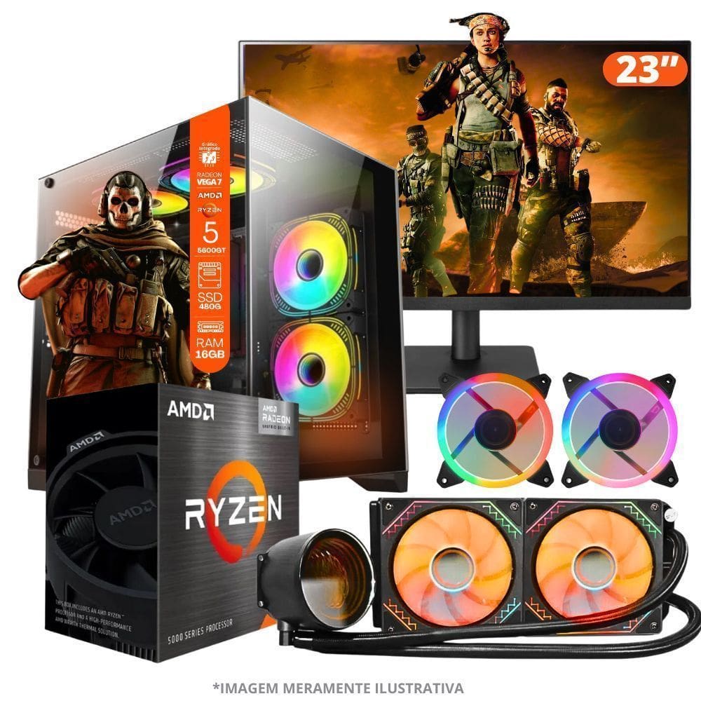 PC Gamer AMD Ryzen 5 5600GT  16GB RAM  Placa de video Radeon Vega 7  SSD 480GB  Fonte 550W  Gabinete Aquário  Water Cooler + Monitor 23” LED 75hz