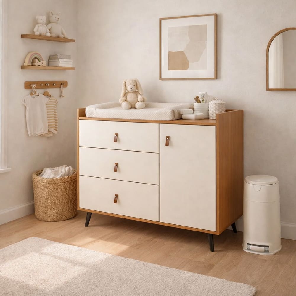 Cômoda Trocador Infantil Carol com 3 Gavetas e 1 Porta Nature com OffWhite - Rede Móveis