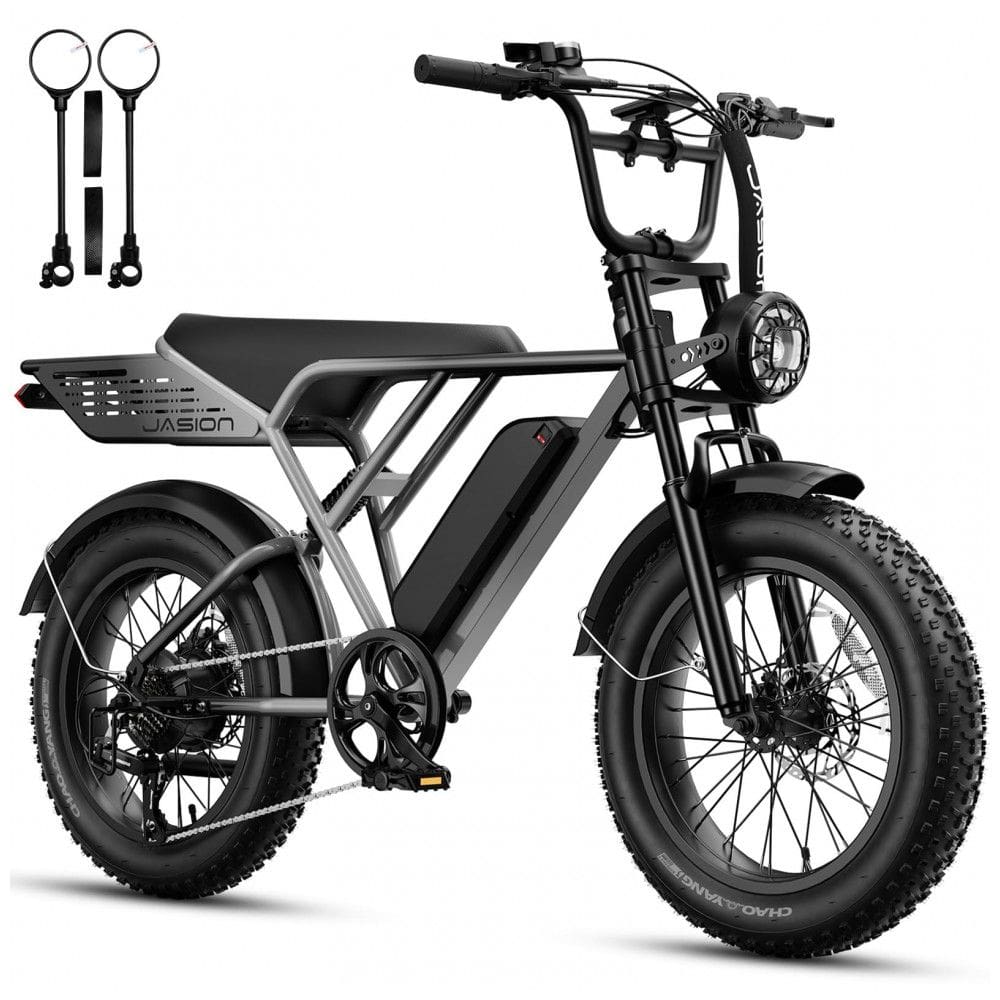 Bicicleta elétrica Jasion RetroVolt Pro cinza cinza, pneus 20x4, motor 750W pico 3000W, bateria 52V 20Ah (1040Wh), freios hidráulicos