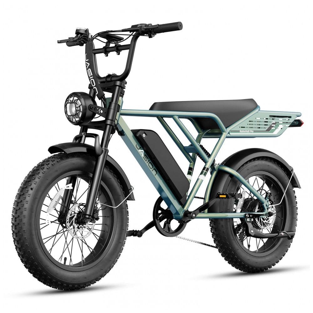 Bicicleta elétrica Jasion RetroVolt Pro verde, pneus 20x4, motor 750W pico 3000W, bateria 52V 20Ah (1040Wh), freios hidráulicos