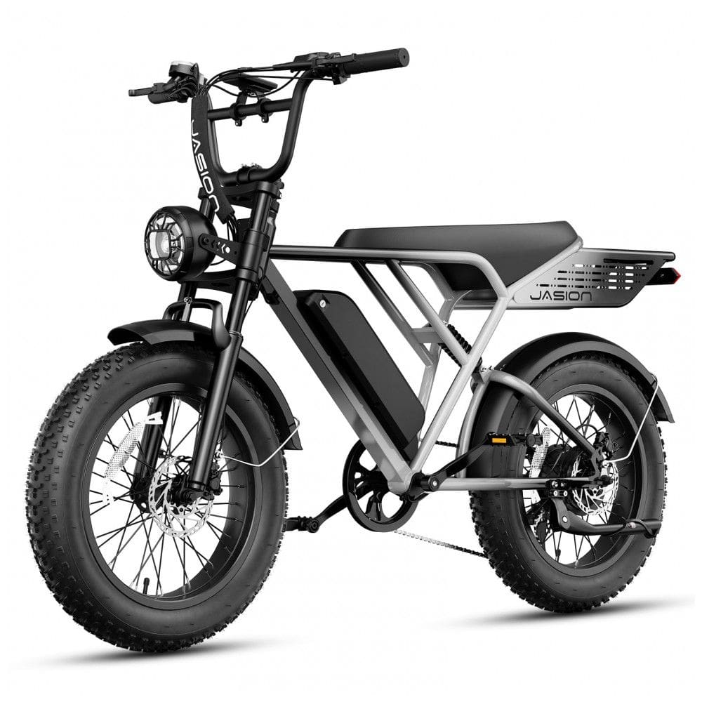 Bicicleta elétrica Jasion RetroVolt Pro cinza, pneus 20x4, motor 750W pico 3000W, bateria 52V 20Ah (1040Wh), freios hidráulicos