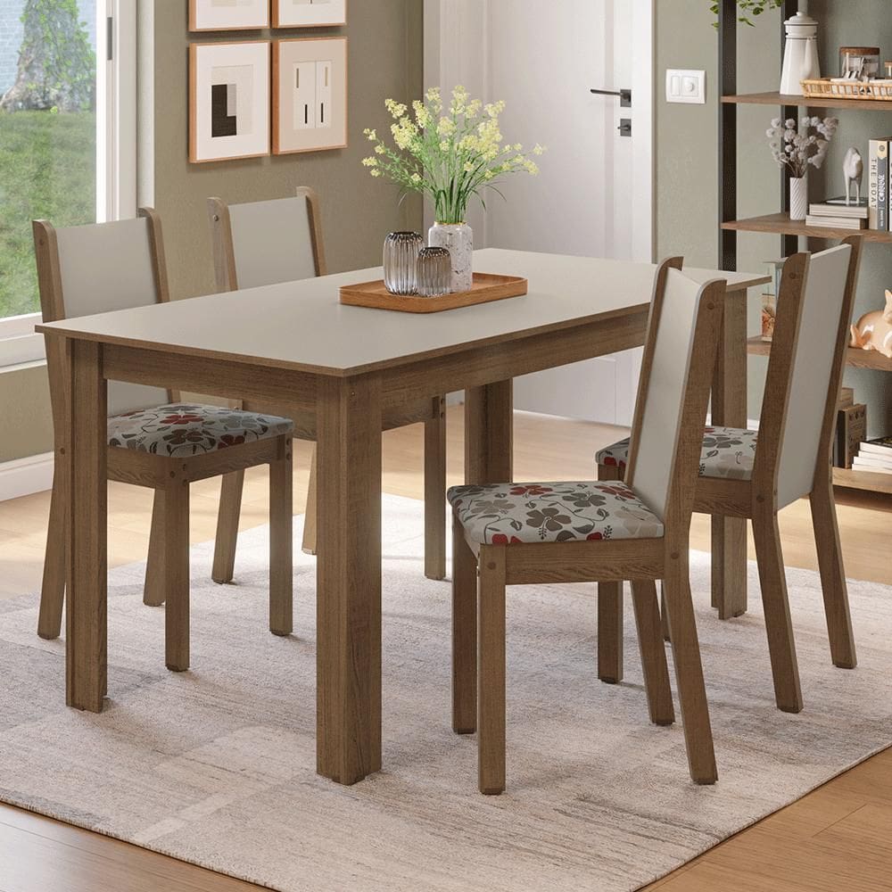 Conjunto Sala de Jantar Alva Mesa Tampo de Madeira 4 Cadeiras Rustic/Crema/Floral Hibiscos Madesa