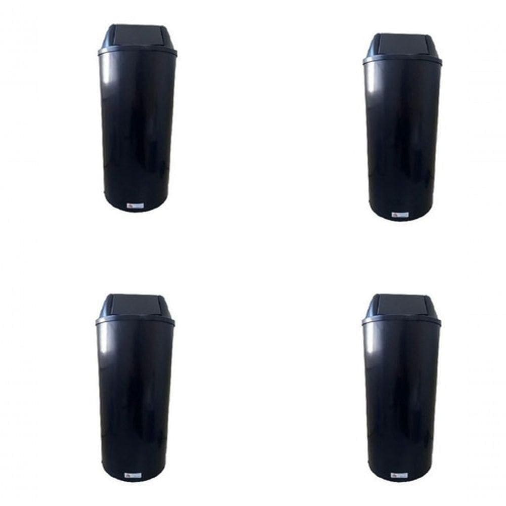 Kit 4 Lixeiras Cesto Alto com Tampa Vai-vem 22L Plástico para Uso Comercial Preto